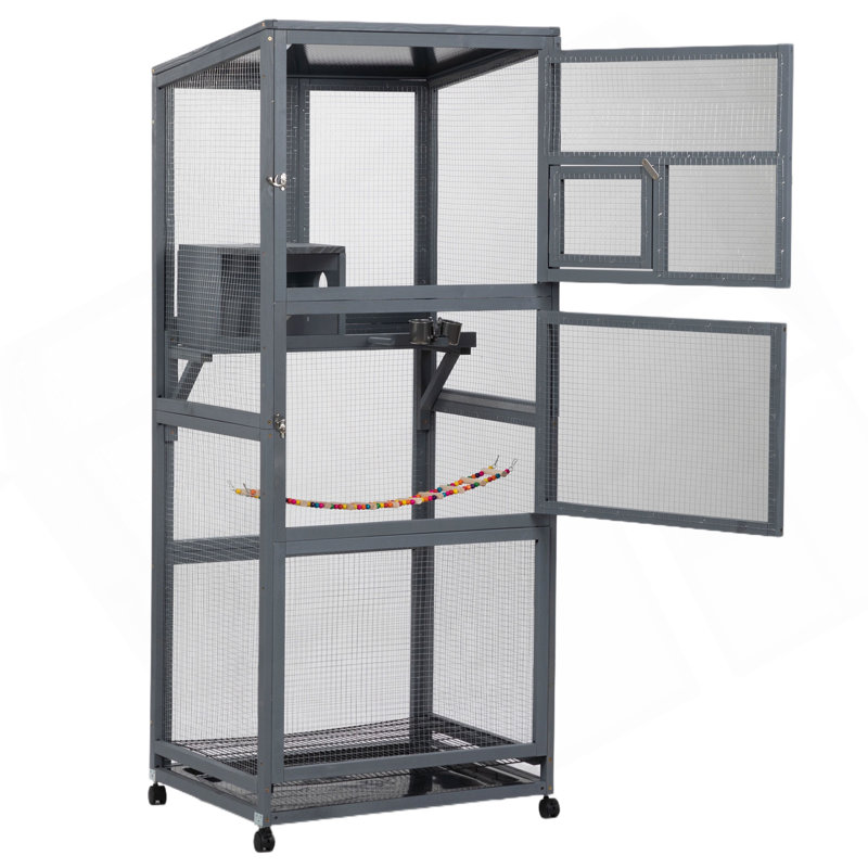 Cage à oiseaux en bois avec roues universelles - gris