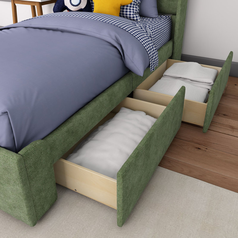 Solid Wood Upholstered Bed with Rectangular Headboard with 2 Drawer Side Storage, Twin, Green