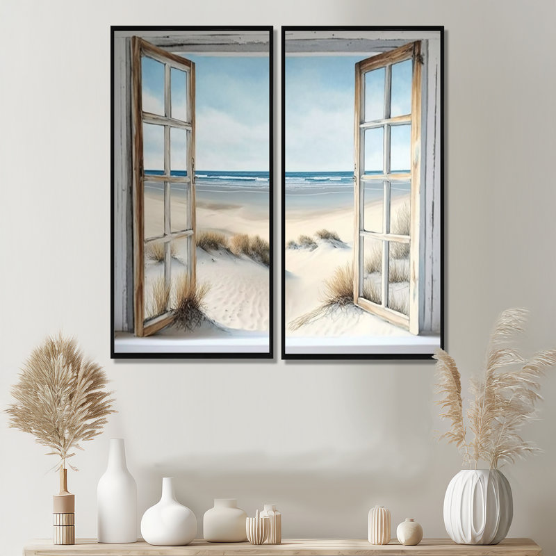 Fenêtre sur la plage II - art mural gris, H 20 po x l 24 po, Impression encadrée flottante, Noir
