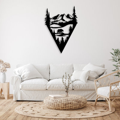 Lake Bear Metal Wall Art - Wildlife Nature Decor - Bear Silhouette Lake Scene Design - Rustic Cabin Lodge Wall Hanging - Modern Industrial Metal Sculpture - Outdoor Adventure Home Decor - Bold Statement Art Piece
