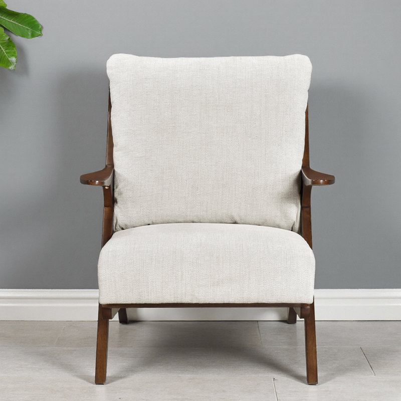 Chaise d'appoint Mid-Century moderne - Structure en bois d'hévéa massif avec revêtement en chenille, Brun, Beige