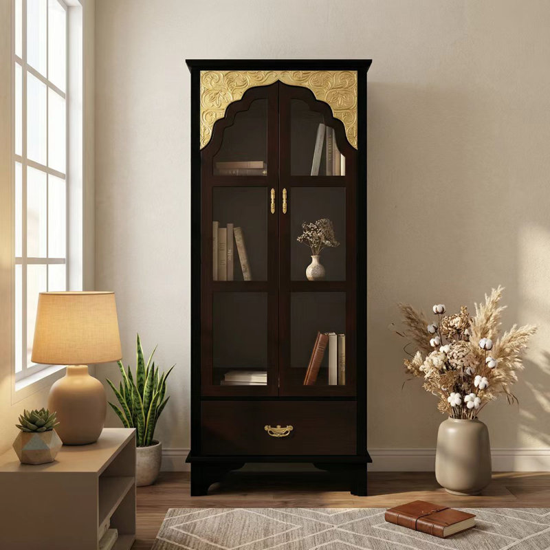  Benevento 70.9"H Rectangular 3-Tier Bookcase With Glass Doors And Drawers, Dark Brown/Gold