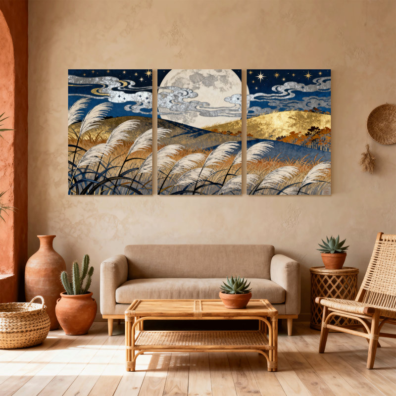 Ensemble de 3 reproductions d'art sur toile, ornements de lune, H 24 po x l 48 po