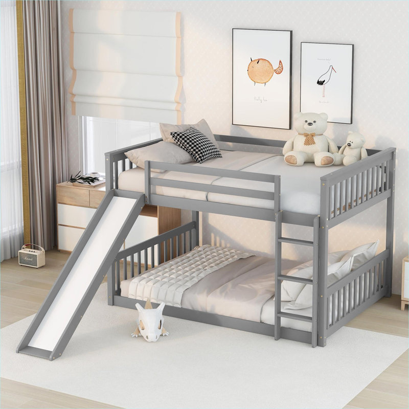 Lit superposé double sur lit double pour chambre d'enfant en pin massif gris froid avec glissière et échelle interchangeables