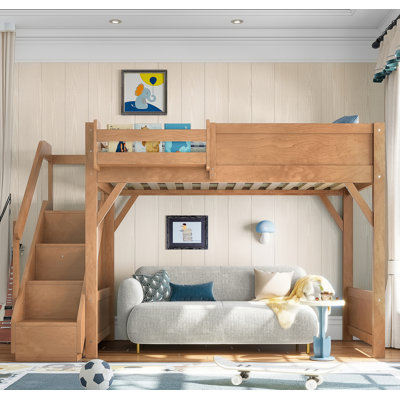 Lit mezzanine simple avec garde-robe et espace de rangement intégrés, lit mezzanine en bois massif avec tablettes à côté, garde-corps pleine longueur et escalier, pas de sommier nécessaire, naturel profond