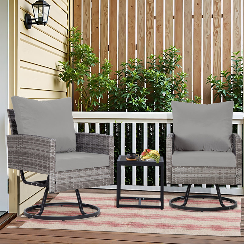 Ensemble de meubles de patio 3 pièces en osier avec chaises pivotantes et table basse, Gris foncé