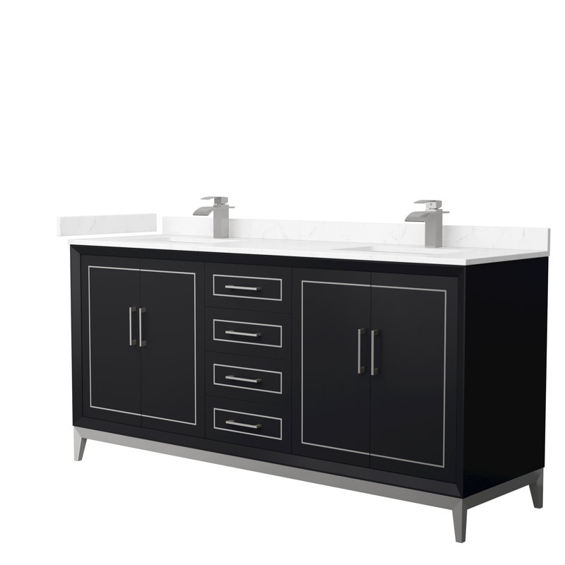 Ensemble de meuble-lavabo double 72 po Marlena, Noir, Nickel brossé, Marbre de culture blanc