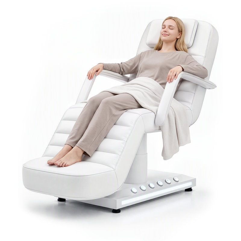 Table de massage électrique professionnelle à 3 moteurs avec hauteur réglable, dossier et repose-pieds, base pivotante, commande au pied et lumière DEL