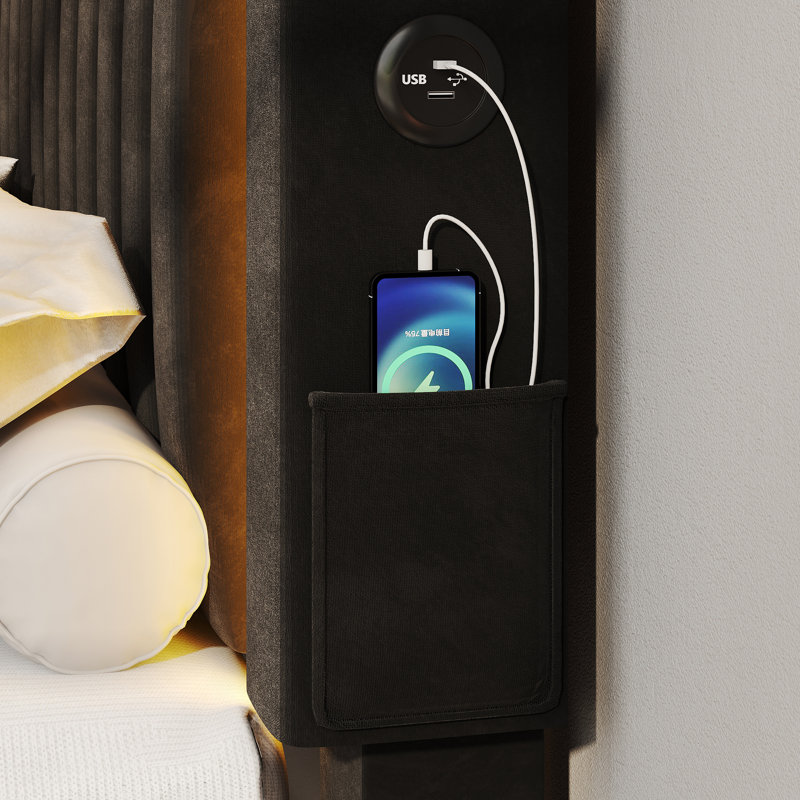 Cadre de lit tête de lit tapissier réglable en velours à DEL avec 4 tiroirs de rangement et ports USB, Noir, Grand