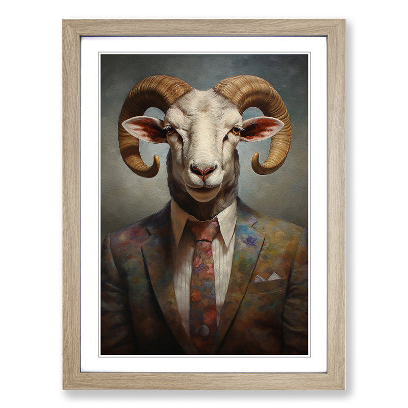 Ram Sheep in a Suit Painting No.3 - Framed Print, 34cm H x 25cm W x 2cm D, Oak