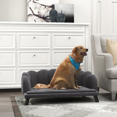 Lit pour chien en velours gris anthracite avec rembourrage en mousse - élégant et spacieux pour les canines de taille moyenne et grande, coussin lavable, pieds en bois, support perlé