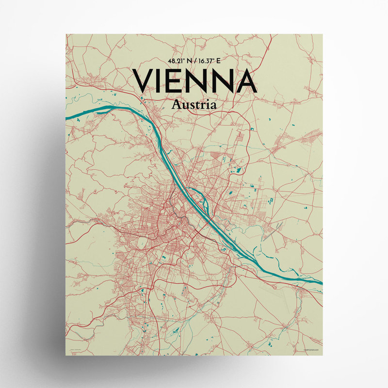 Vienna City Map In Tricolour - No Frame Print, 20cm H x 16cm W x 0.05cm D