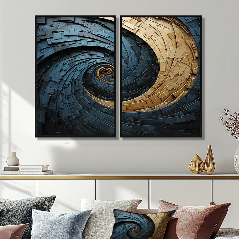 Or bleu sarcelle minimalisme spirale poteries - impressions sur toile dorées 2 panneaux, Black, 36" H x 48" W