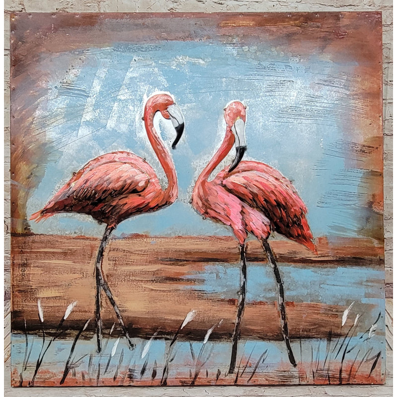 Paire de flamants roses, art mural 3D mixte, peinture sur métal et bois