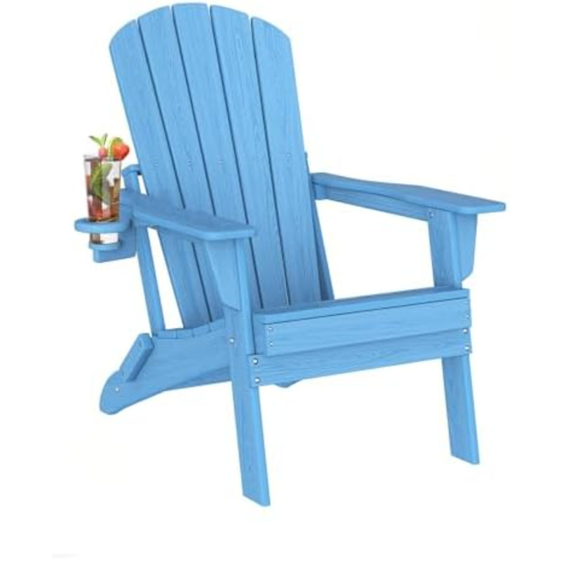 Folding Adirondack Chair, SGS Tested, Wooden Textured With Cup Holder, Heavy All-Weather HDPE Outdoor Chairs For Patio Backyard Lawn,Red