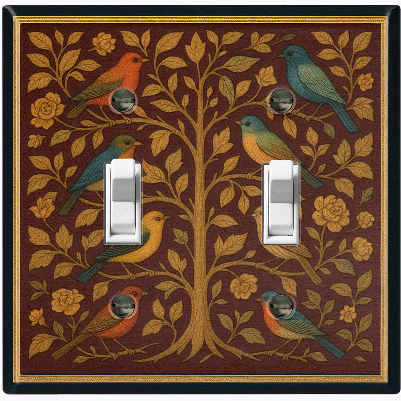 Metal Light Switch Plate Cover; US Standard Size 2 Gang Toggle - Rustic Tree with Birds, #2 Double Toggle