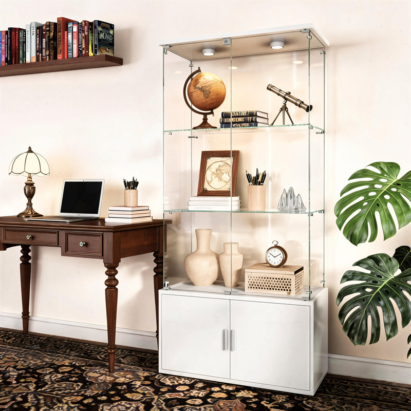 White Double-Door, Four-Tier Storage And Display Cabinet; Remote-Controlled Ambient Lighting; Adjustable Legs; Multi-Functional Living Room Wine Cabinet And Filing Cabinet.