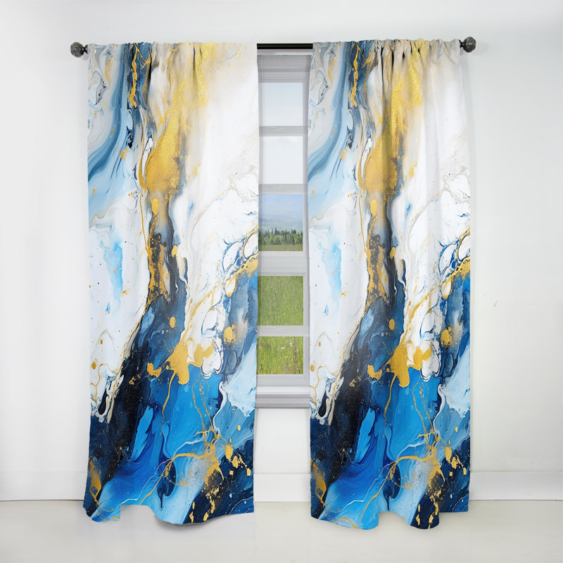 Bleu et or luxueux abstrait fluide Art IV - rideau en velours moderne - obscurcissant - 1 panneau, L 52 po x L 90 po