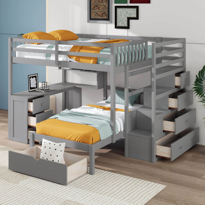 Lit superposé double au-dessus de simple avec escalier, tiroirs de rangement, cadre de lit superposé avec bureau et tablettes, aucun sommier nécessaire