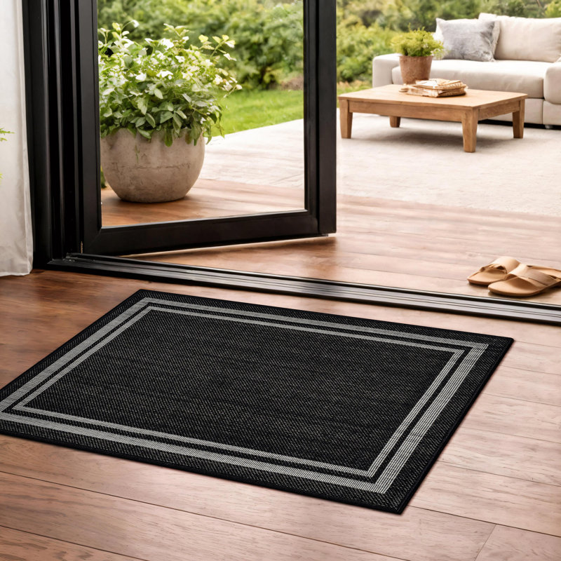 Tapis intérieur / extérieur tissé à plat en jute noir / ivoire Border, Noir, Rectangulaire 2 pi x 3 pi