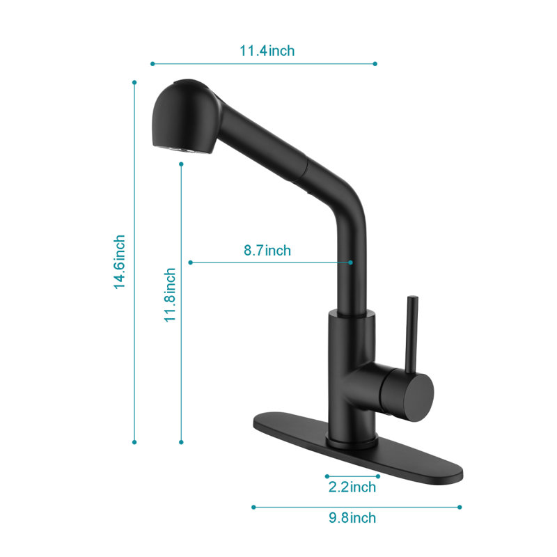 Robinet d'évier de cuisine à poignée simple avec douchette extractible, Noir mat