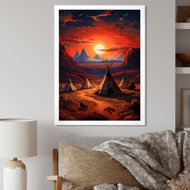 Tipi rouge antique - Sentiers antiques II - Imprimé, H 32 po x l 16 po x P 1 po, Cadre photo blanc