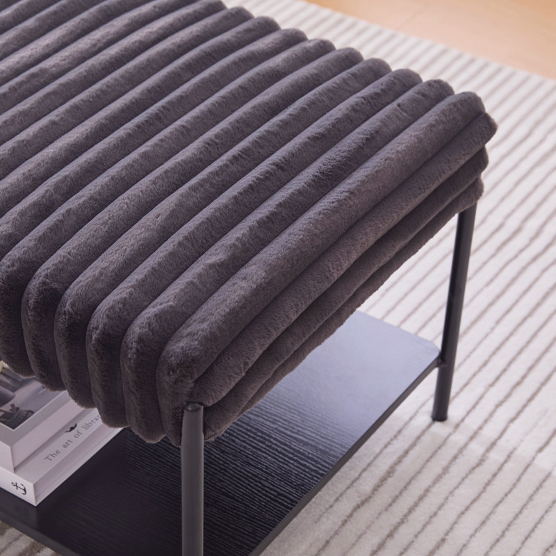 Footstool with Wooden Open Storage Shelf, Charcoal