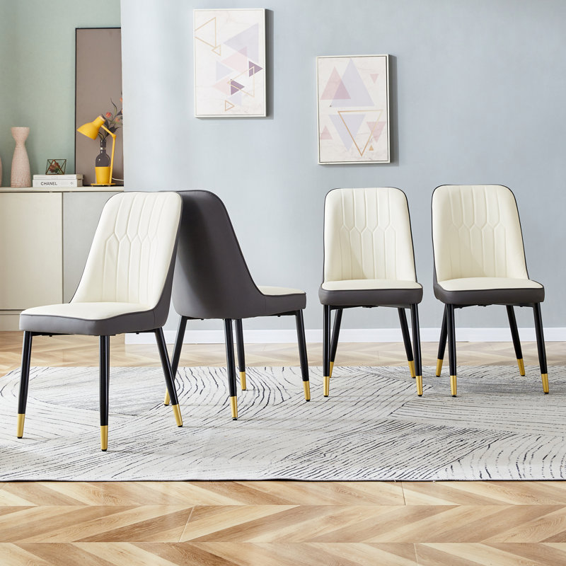 Modern Two Tone Faux Leather Dining Chairs with Geometric Tufting and Metal Legs, Beige/Dark Gray