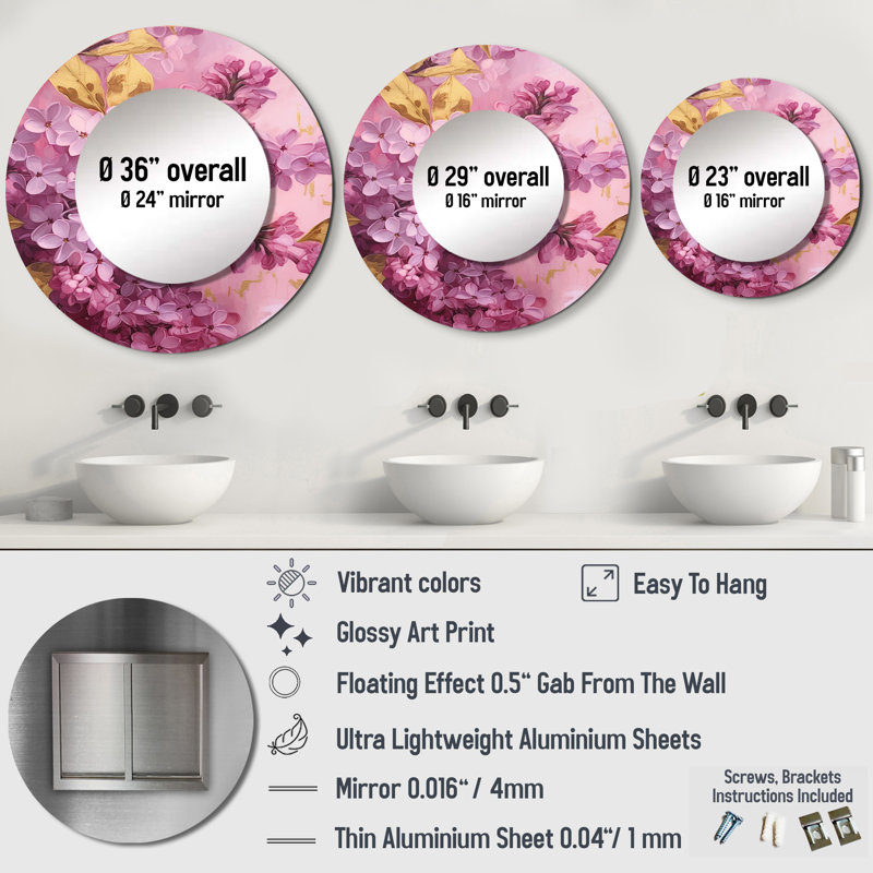 Serae rose doré lilas fragrants Blossum - grand miroir floral, rose rond unique miroir mural, impression en métal