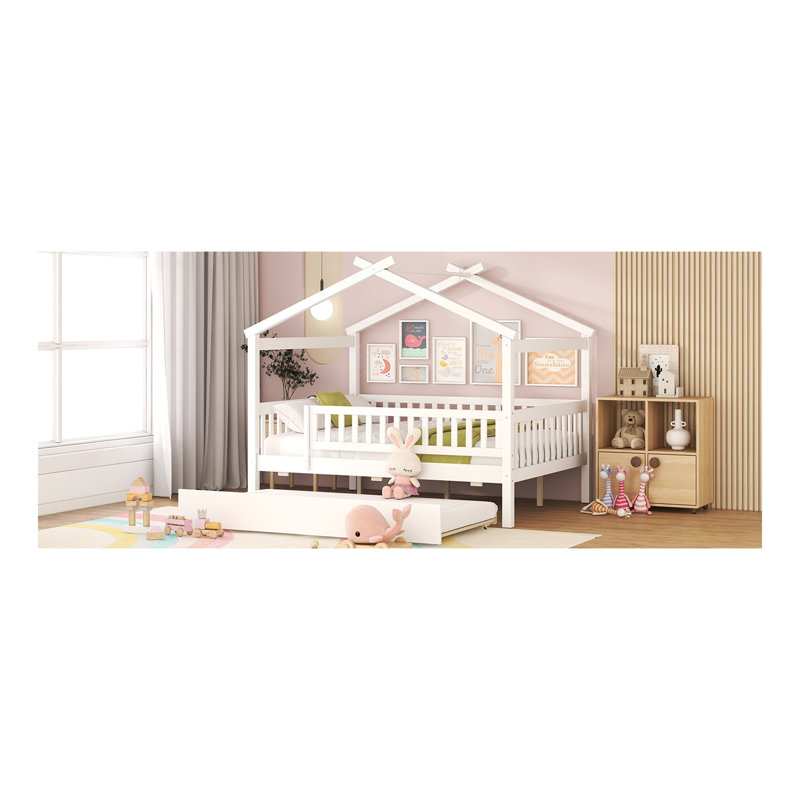 Lit double en bois avec lit gigogne simple, blanc, Blanc