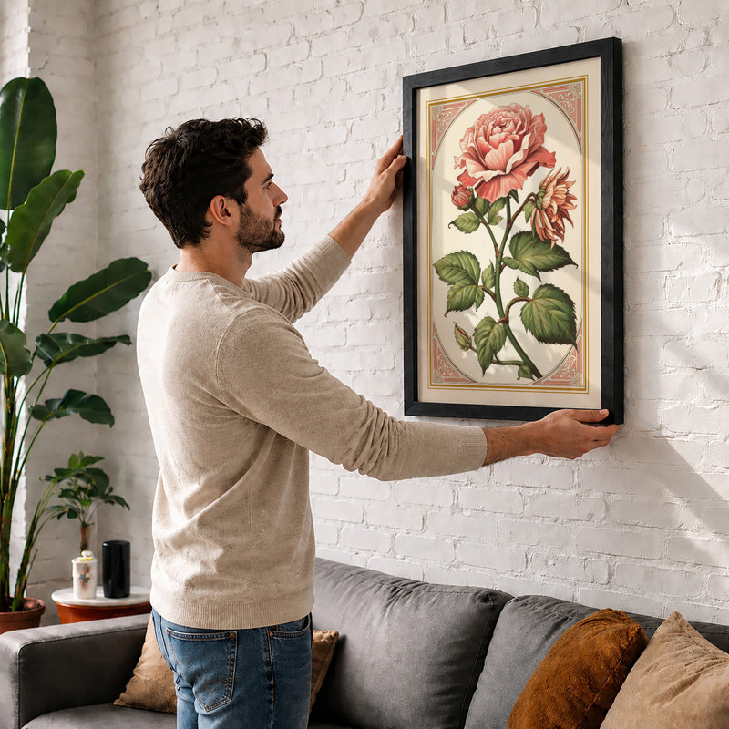 Roses in Gold Botanical - Framed Print, A4 - 29.7 x 21.0 cm, Oak