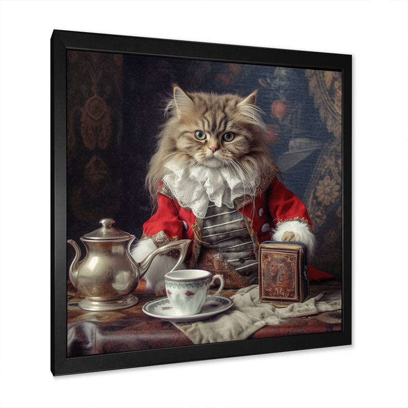 Chat blanc sibérien en costume élégant sur toile, H 24 po x l 24 po x P 1 po, Cadre simple noir