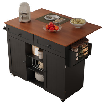 Kitchen Island On Wheels, Rolling Kitchen Island Cart With Drop Leaf And 2 Drawers, Mobile Kitchen Table Storage Cabinet With Tower Rack And Spice Rack For Dining Room, Kitchen, Black