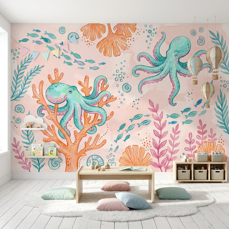 Décoration murale sous-marine pieuvre sous-marine, 100 po x 96 po, Non tissé