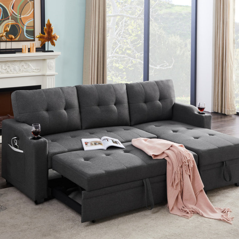 Canapé-lit modulaire en tissu tissé avec porte-gobelet, port de chargement USB et poche, Lin gris foncé