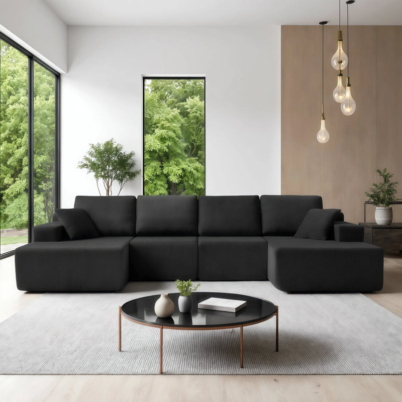 Canapé modulaire en U Una avec velours côtelé extra large et support à ressorts, Black