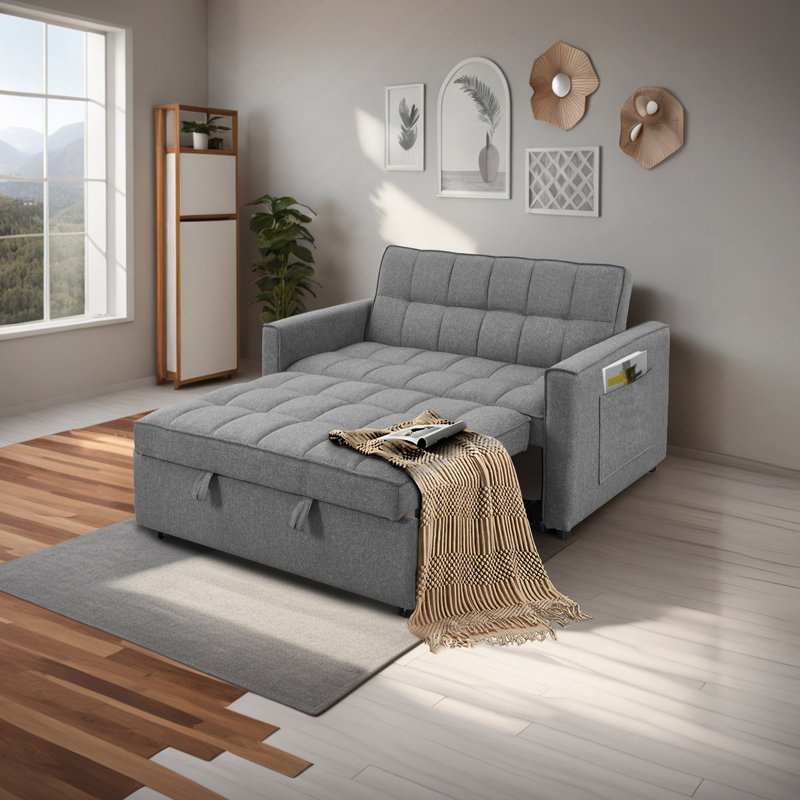 Élégant canapé-lit coulissant avec structure en bois de polyester tissé et en bois massif, Gris