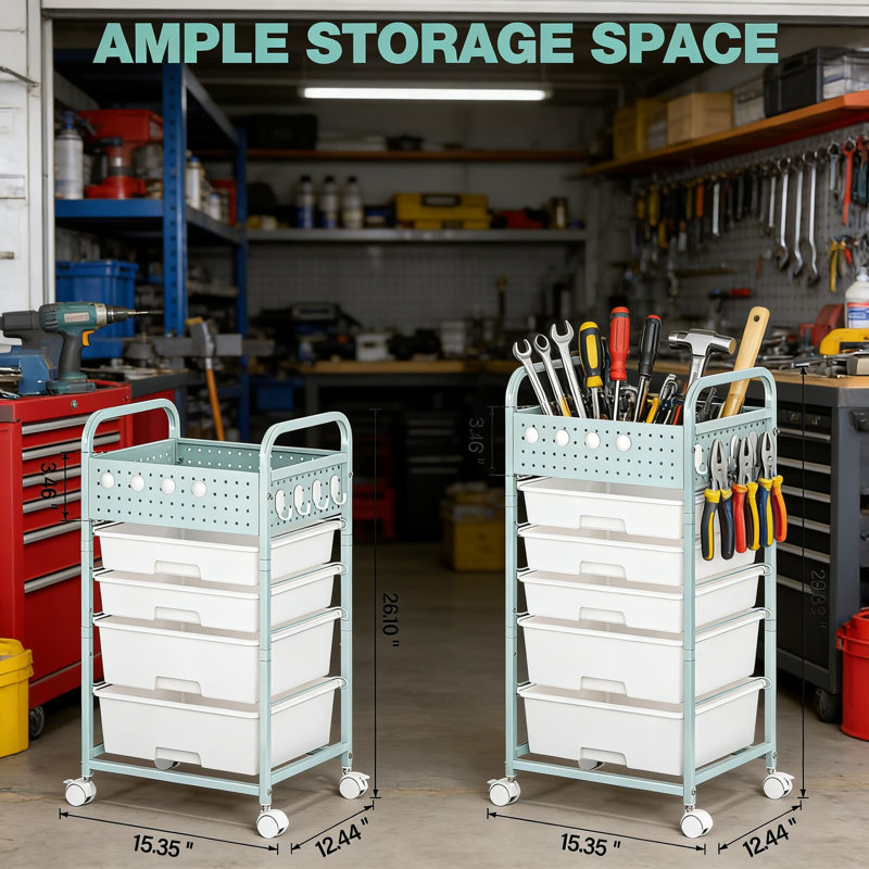 Chariot de rangement mobile avec plateau perforé, 5 tiroirs amovibles et roulettes verrouillables - Organisateur utilitaire à roulettes robuste