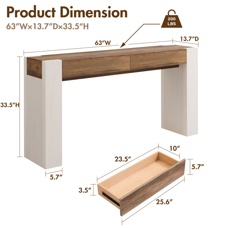63-Inch Farmhouse Console Table - Rectangular Sofa Table Behind Couch, Entryway Table For Foyer, Hallway, Living Room