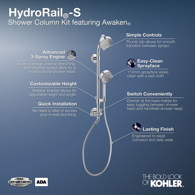 Ensemble de douche HydroRail-S avec système de douche complet 2,0 GPM Awaken, Chrome poli