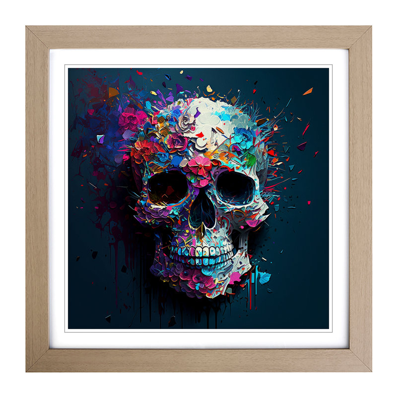 Sugar Skull Palette Knife Painting - Framed Print, Oak