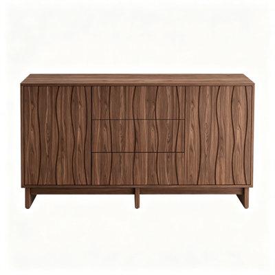 59.1" Walnut‑Tone Farmhouse Sideboard Buffet, Handle‑Less Push‑Open Credenza with Soft‑Close Hinges, 2‑Door 3‑Drawer MDF Storage Cabinet for Dining & Hallway