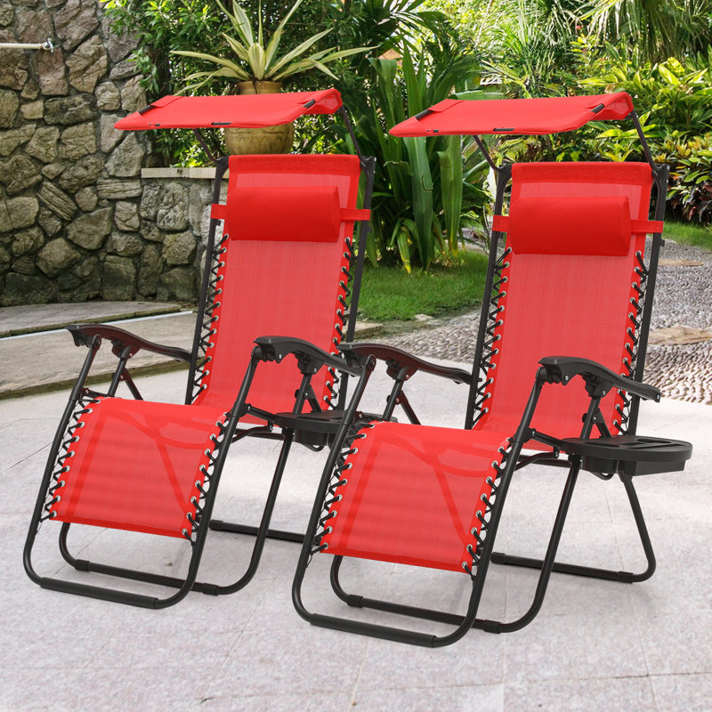 Mobarkar Outdoor Folding Zero Gravity Recliner Lounge Chairs with Adjustable Canopy Shade, Headrest, Red