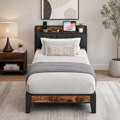 Twin XL Bed Frame with Storage Headboard and Charging Station, Solid Metal Platform, Noise-Free, No Box Spring Needed, Easy Assembly