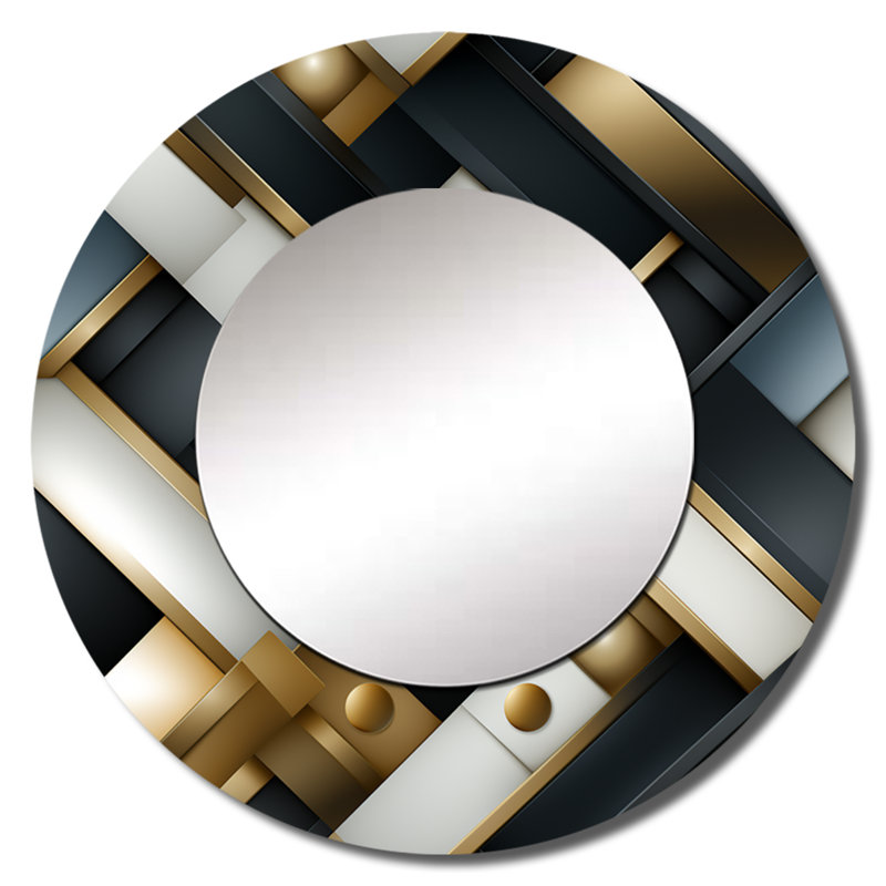 Black And Gold Marble Mosaic Dimensions - Geometric  Mirror, Black Round Decorative Wall Mirror, Printed Metal Art, 23" x 23"
