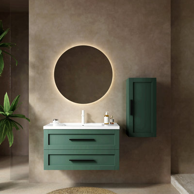 Meuble-lavabo de 36 po avec lavabo en céramique et meuble de rangement en rotin avec deux portes et un tiroir