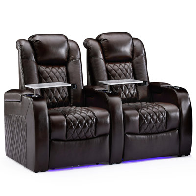 64" Wide Genuine Leather Home Theater Seating with Cup Holder 
