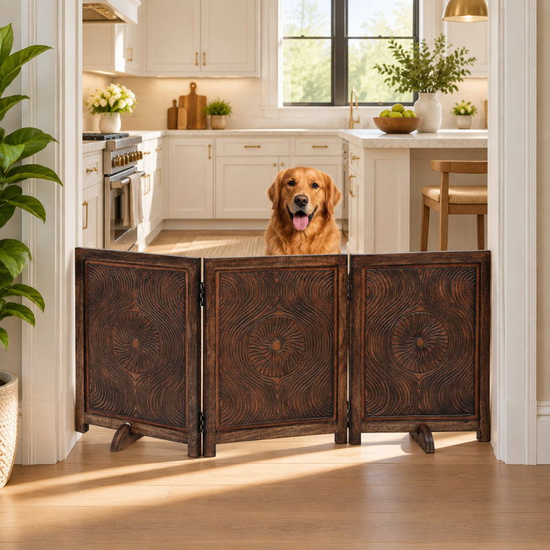 Barrière pliante pour chien en bois à 3 panneaux avec motif sculpté