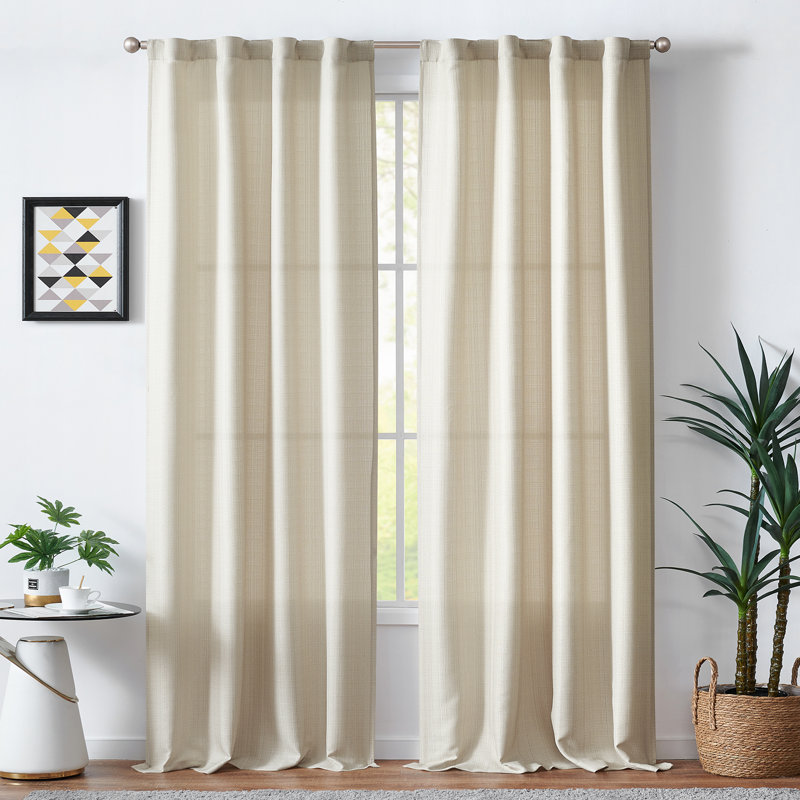 Semi Sheer Rod Pocket Farmhouse Textured Curtains, Beige, 38" W x 84" L