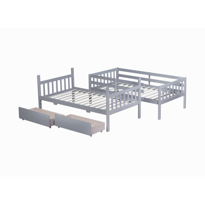 Rubber Wood Bunk Bed With 2 Drawers, Convertible Into 2 Beds, Bunk Bed With Ladder And Safety Guardrails